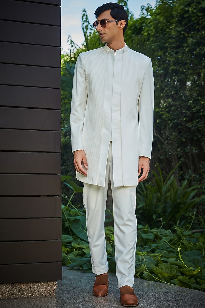 Milky White Terrywool Suiting Pintuck Indo-Western Set by Bohame Men at Pernia's Pop Up Shop