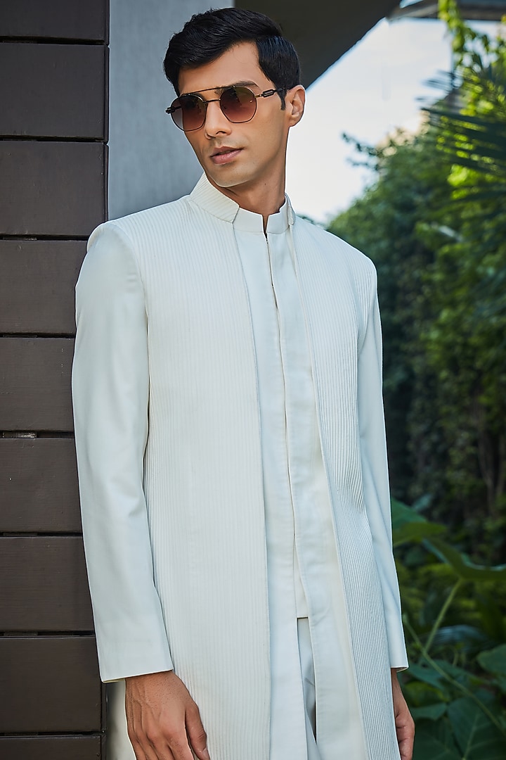 Milky White Terrywool Suiting Pintuck Indo-Western Set by Bohame Men at Pernia's Pop Up Shop