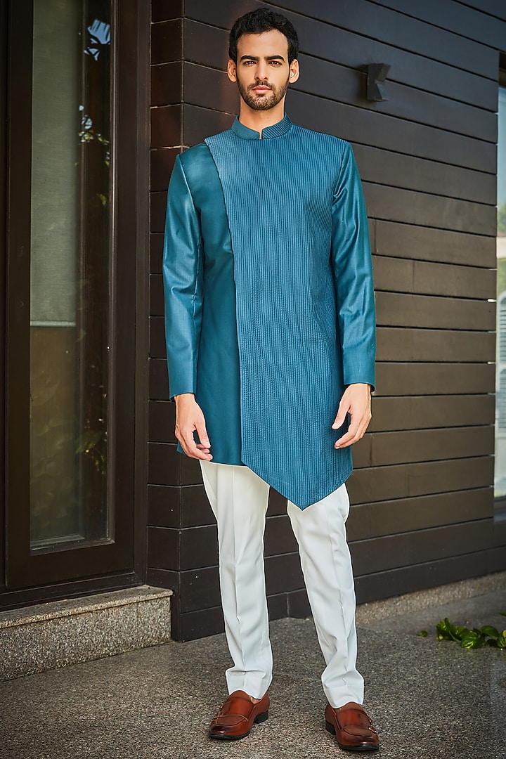 Teal Green Terrywool Suiting Pintuck Indo-Western Set by Bohame Men at Pernia's Pop Up Shop