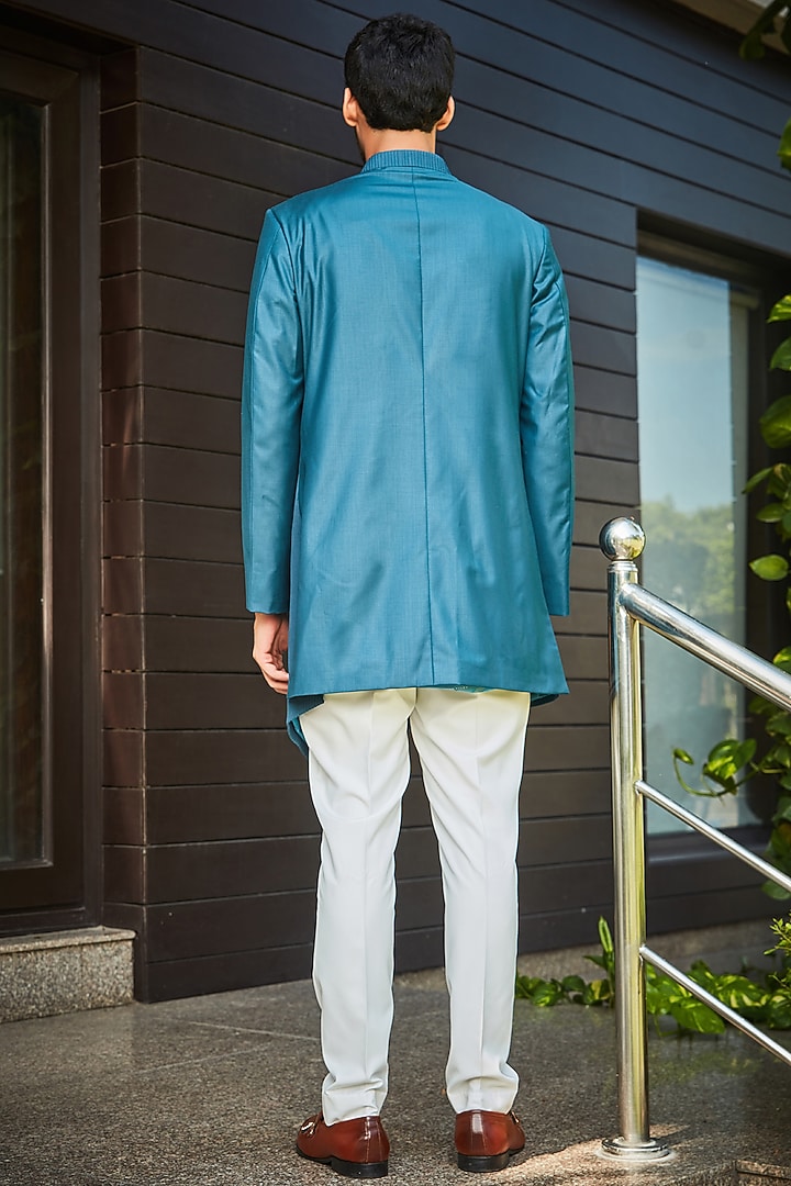 Teal Green Terrywool Suiting Pintuck Indo-Western Set by Bohame Men at Pernia's Pop Up Shop