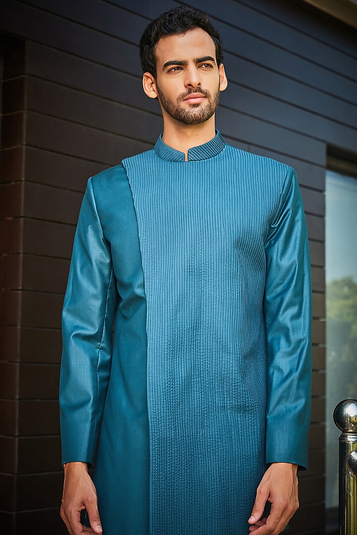 Teal Green Terrywool Suiting Pintuck Indo-Western Set by Bohame Men at Pernia's Pop Up Shop