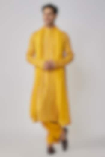 Mustard Yellow Georgette Sequins Embroidered Kurta Set by Bohame Men at Pernia's Pop Up Shop