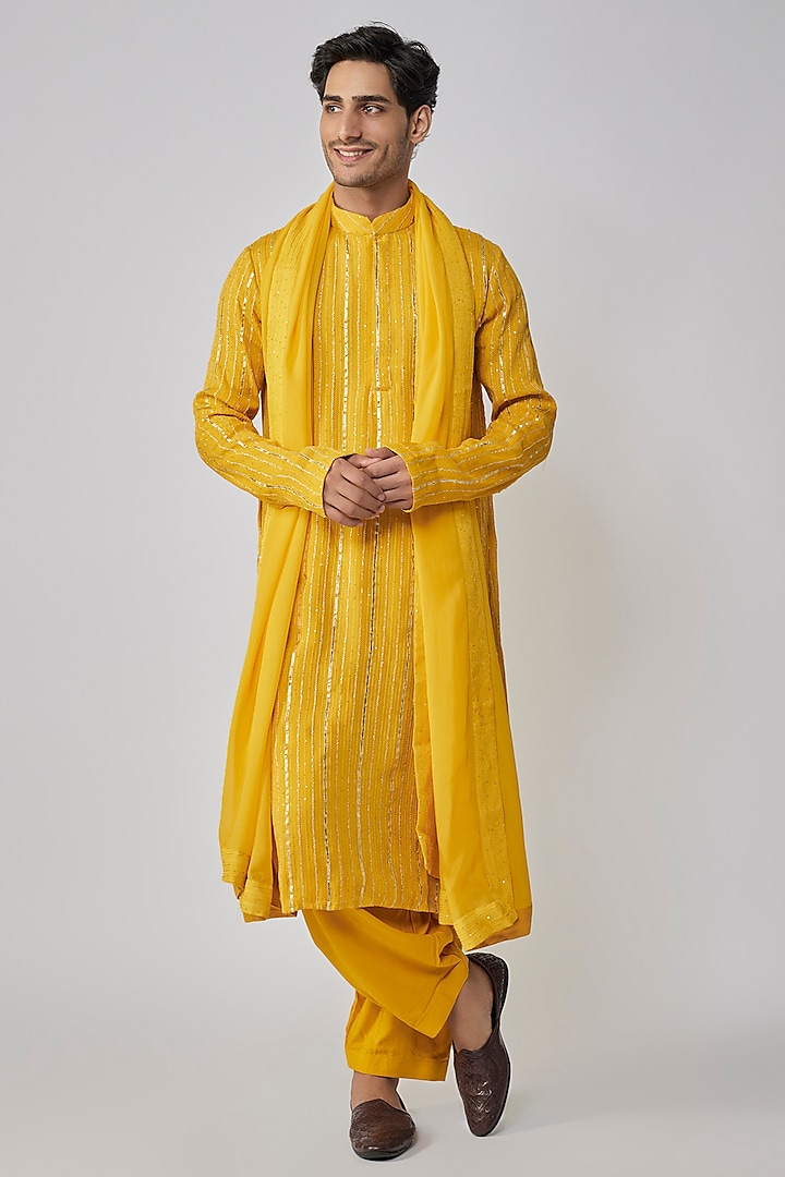 Mustard Yellow Georgette Sequins Embroidered Kurta Set by Bohame Men at Pernia's Pop Up Shop