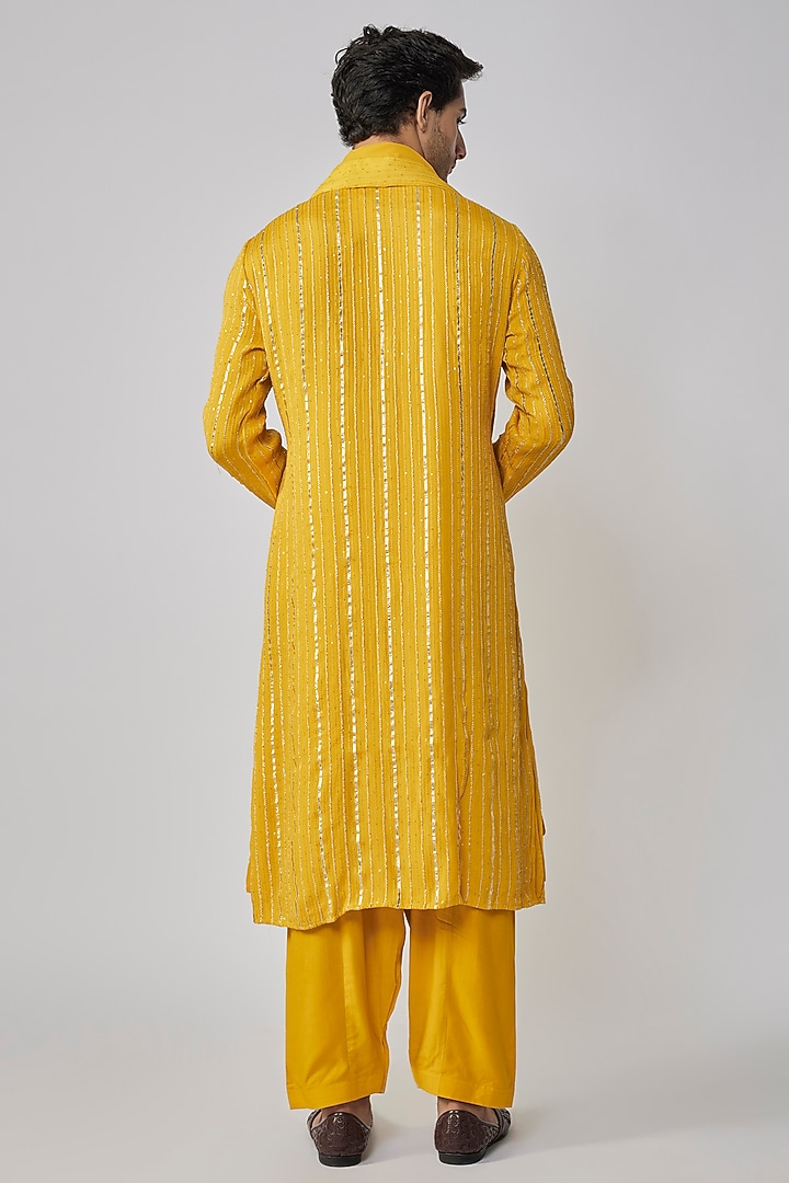 Mustard Yellow Georgette Sequins Embroidered Kurta Set by Bohame Men at Pernia's Pop Up Shop