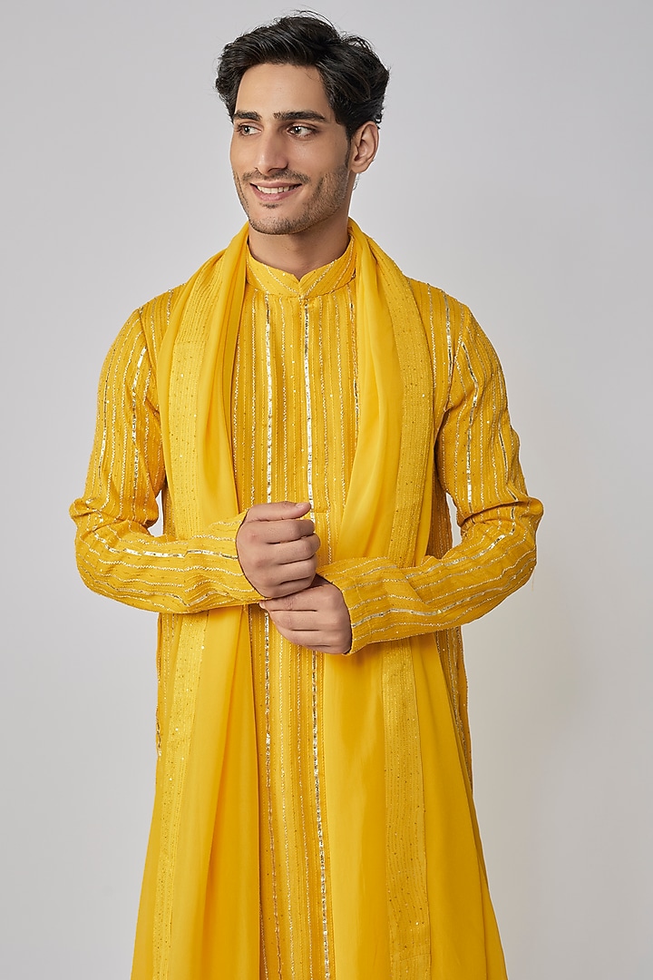 Mustard Yellow Georgette Sequins Embroidered Kurta Set by Bohame Men at Pernia's Pop Up Shop