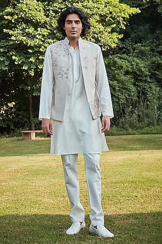 Off-White Dupion Nehru Jacket Set by Bohame Men