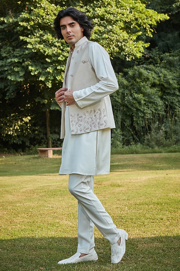 Off-White Dupion Nehru Jacket Set by Bohame Men at Pernia's Pop Up Shop