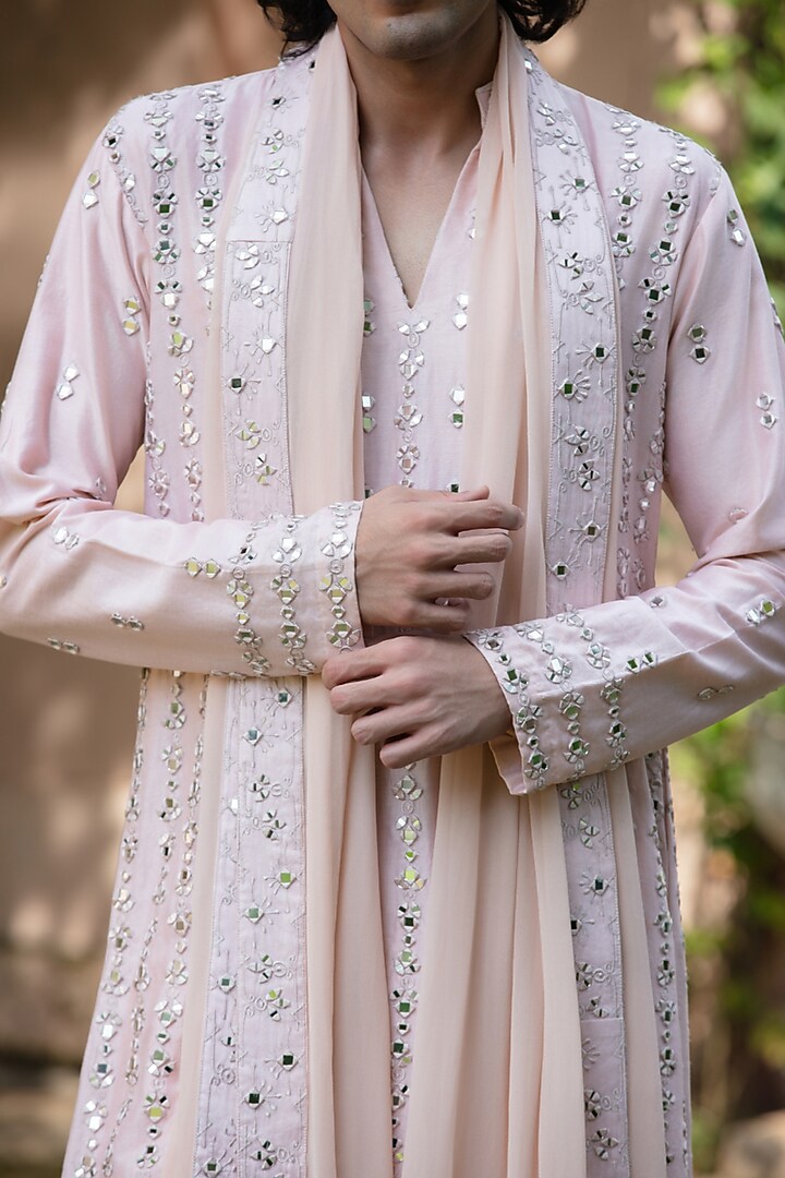 Light Pink Chanderi Kurta Set by Bohame Men at Pernia's Pop Up Shop