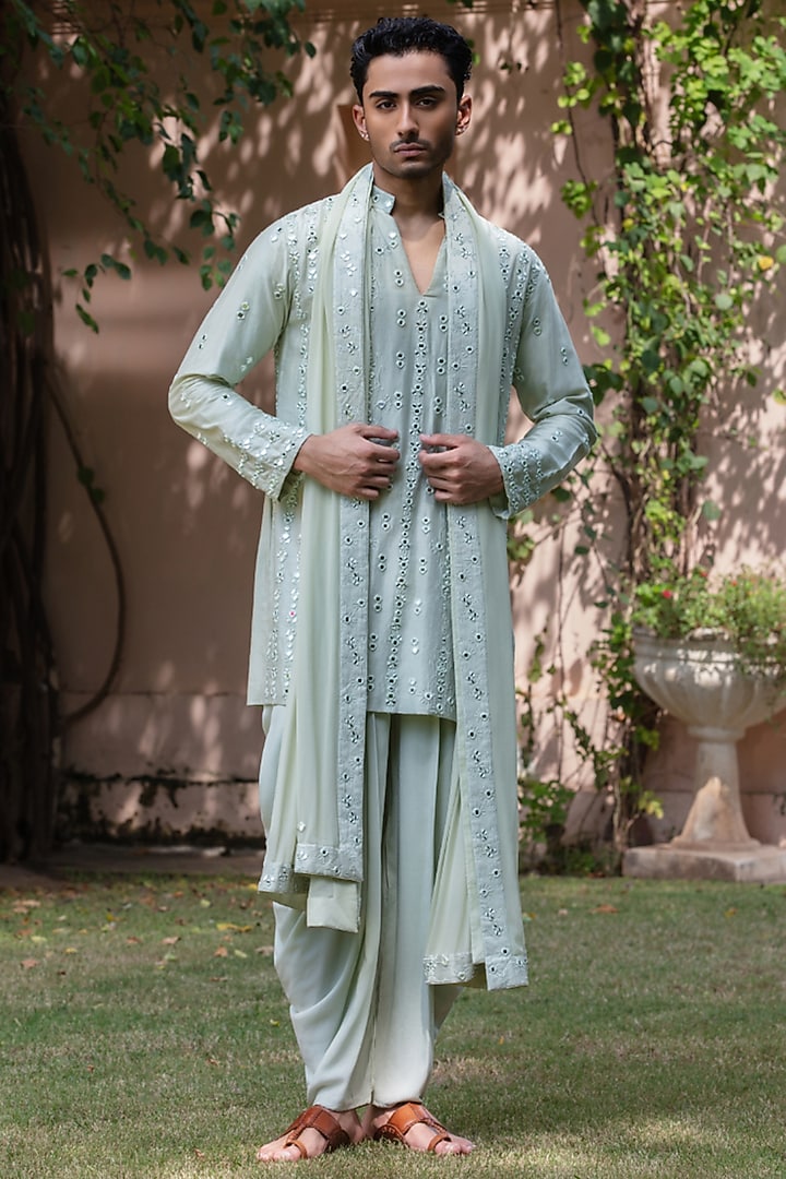 Mint Green Chanderi Kurta Set by Bohame Men at Pernia's Pop Up Shop