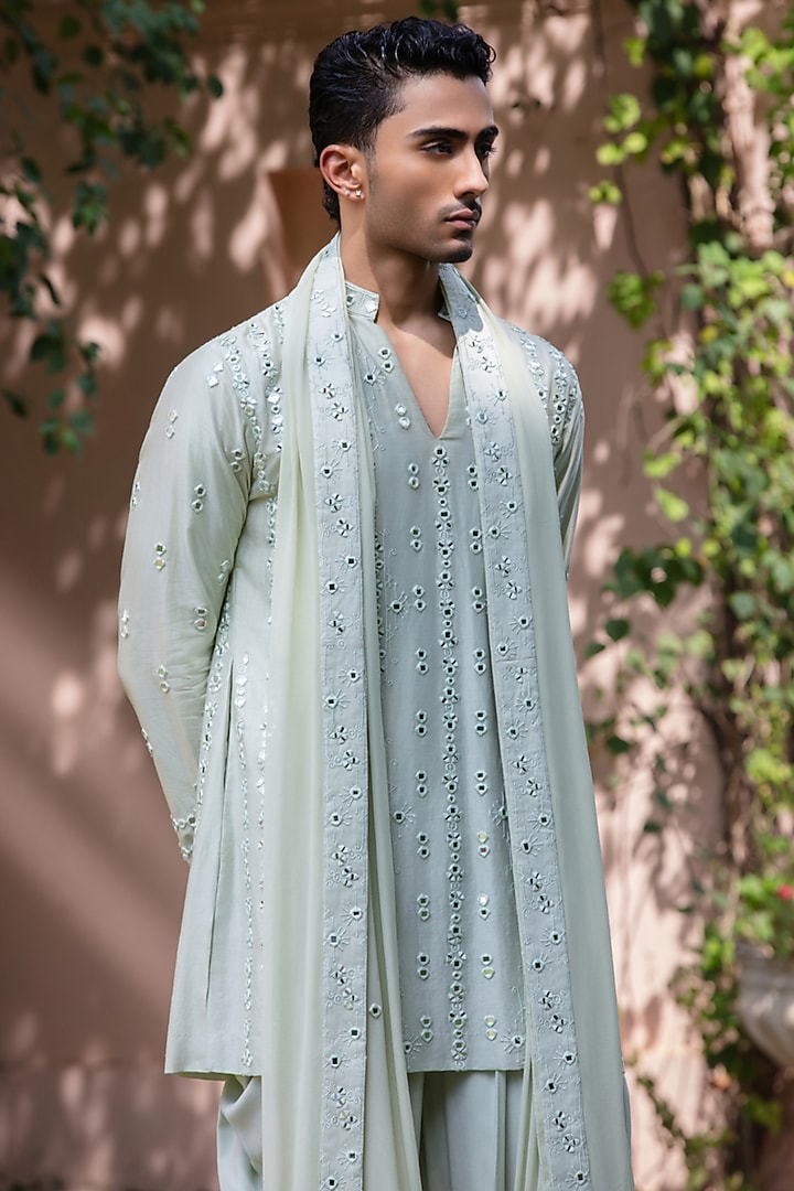 Mint Green Chanderi Kurta Set by Bohame Men at Pernia's Pop Up Shop