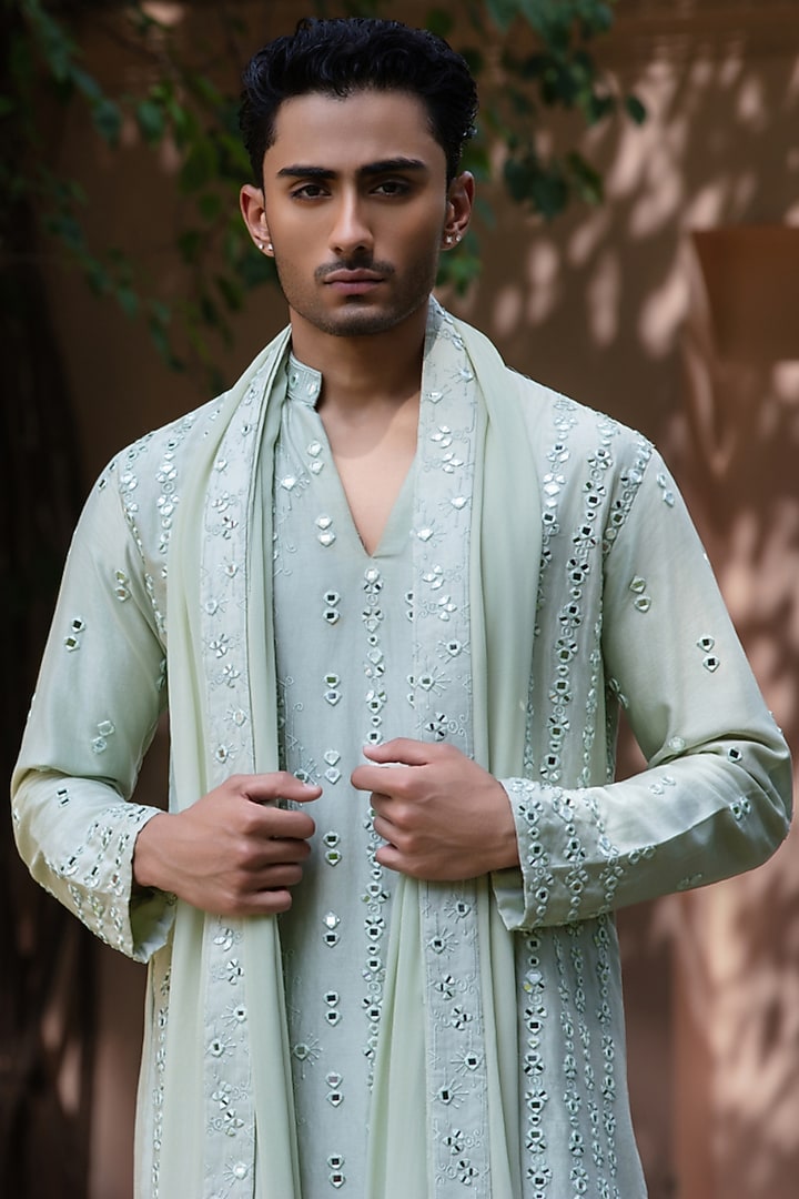 Mint Green Chanderi Kurta Set by Bohame Men at Pernia's Pop Up Shop