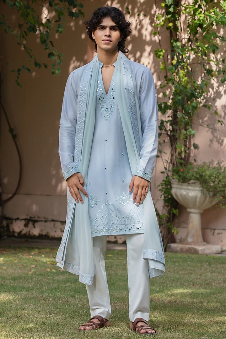 Light Blue Chanderi Kurta Set by Bohame Men at Pernia's Pop Up Shop