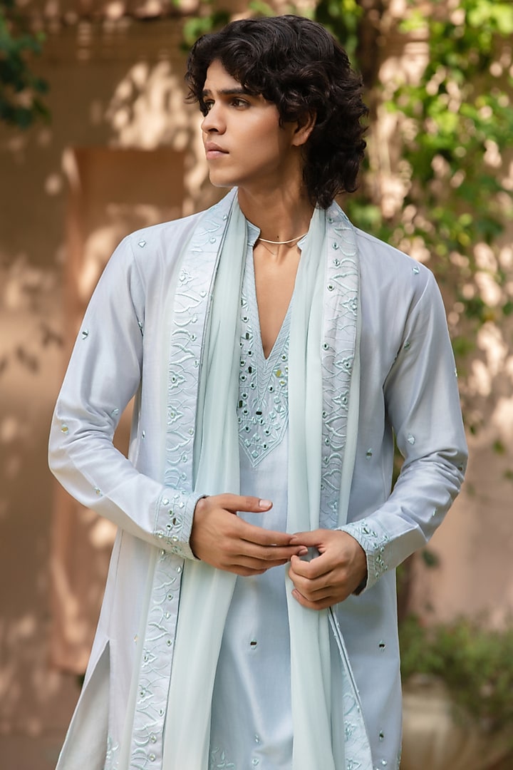 Light Blue Chanderi Kurta Set by Bohame Men at Pernia's Pop Up Shop