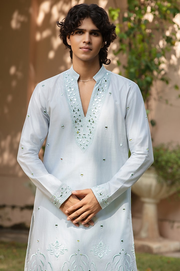Light Blue Chanderi Kurta Set by Bohame Men at Pernia's Pop Up Shop