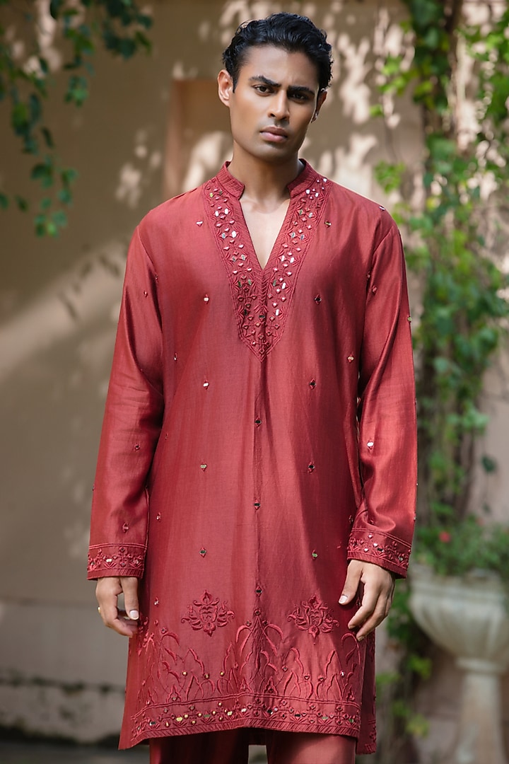 Maroon Chanderi Kurta Set by Bohame Men at Pernia's Pop Up Shop