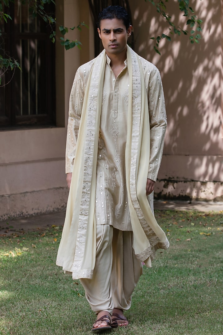 Beige Gold Chanderi Kurta Set by Bohame Men at Pernia's Pop Up Shop