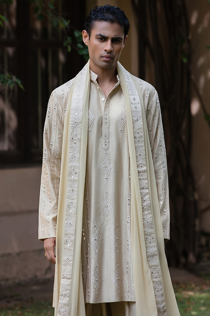 Beige Gold Chanderi Kurta Set by Bohame Men at Pernia's Pop Up Shop