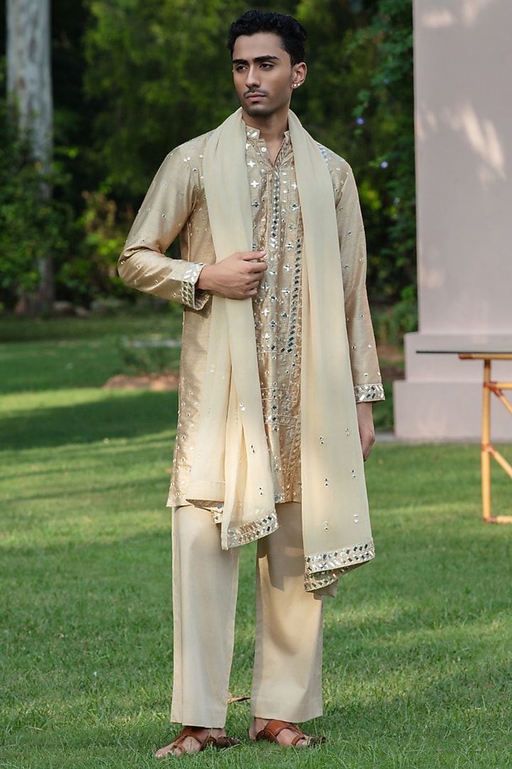 Beige Gold Chanderi Kurta Set by Bohame Men at Pernia's Pop Up Shop
