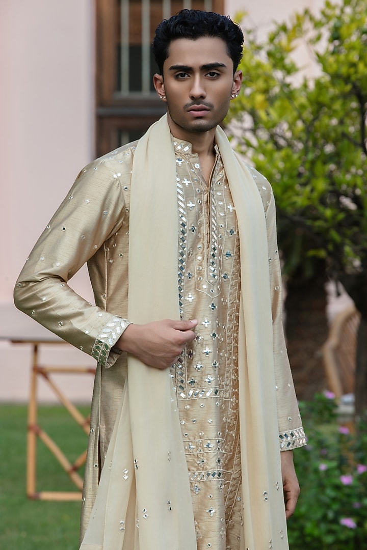 Beige Gold Chanderi Kurta Set by Bohame Men at Pernia's Pop Up Shop