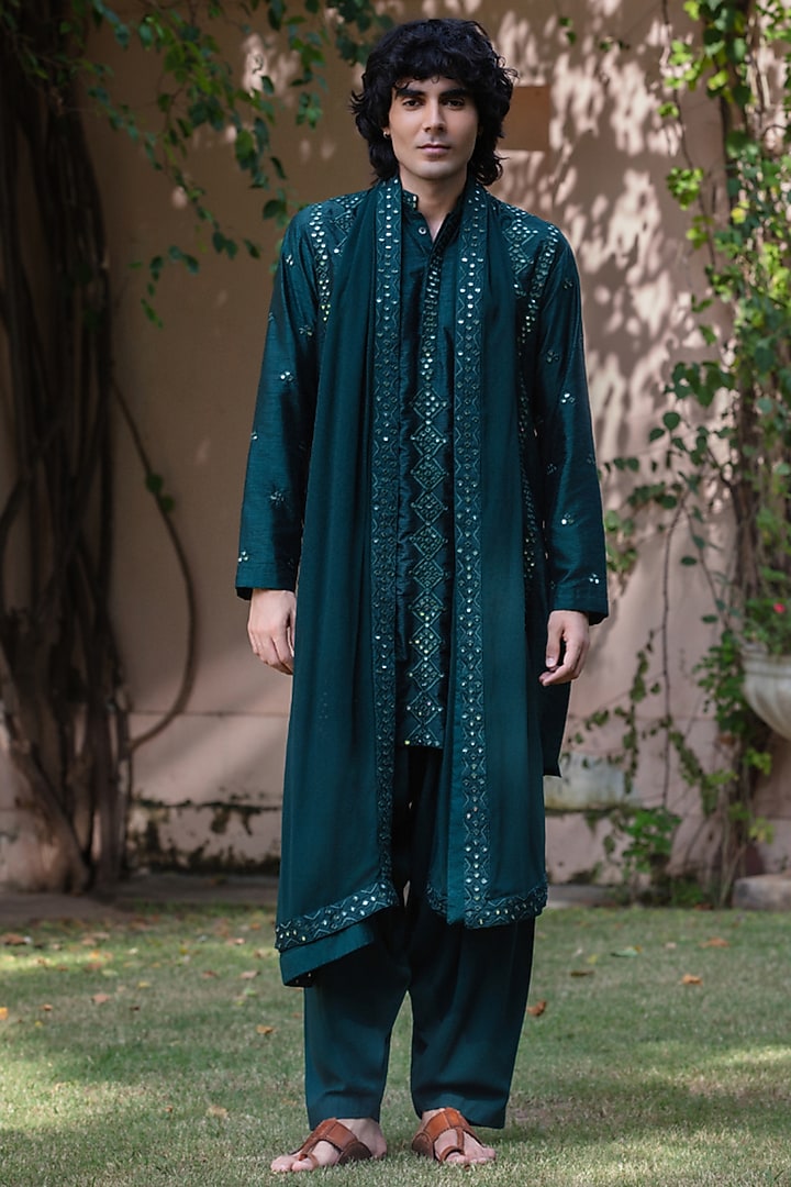 Bottle Green Dupion Silk Kurta Set by Bohame Men at Pernia's Pop Up Shop
