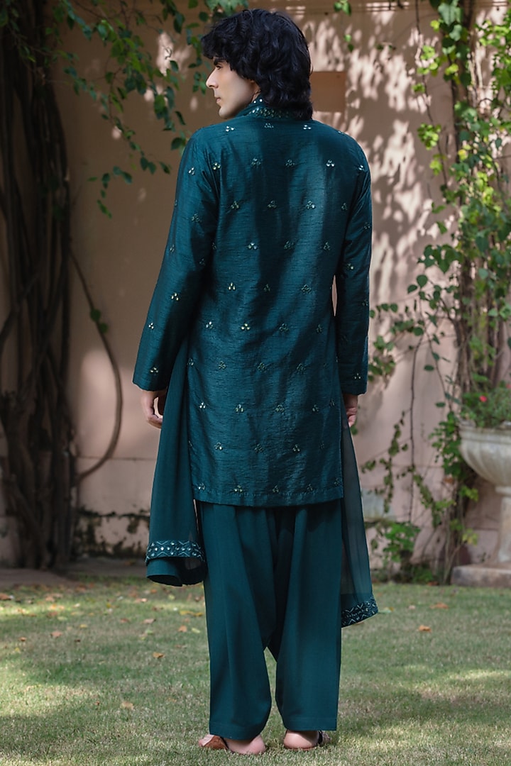 Bottle Green Dupion Silk Kurta Set by Bohame Men at Pernia's Pop Up Shop
