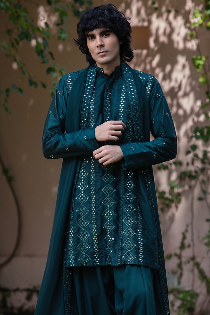 Bottle Green Dupion Silk Kurta Set by Bohame Men at Pernia's Pop Up Shop