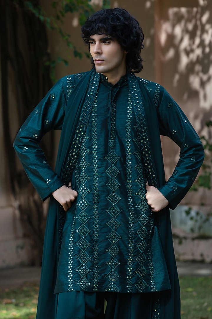 Bottle Green Dupion Silk Kurta Set by Bohame Men at Pernia's Pop Up Shop