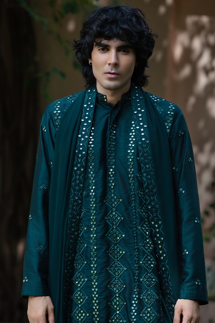 Bottle Green Dupion Silk Kurta Set by Bohame Men at Pernia's Pop Up Shop