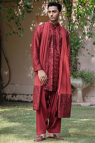 Rust Dupion Silk Kurta Set by Bohame Men