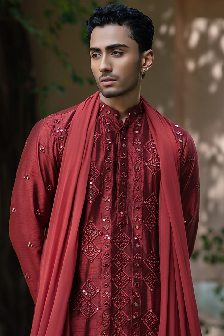 Rust Dupion Silk Kurta Set by Bohame Men at Pernia's Pop Up Shop