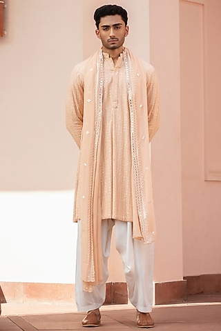 Peach Chikankari Kurta Set by Bohame Men