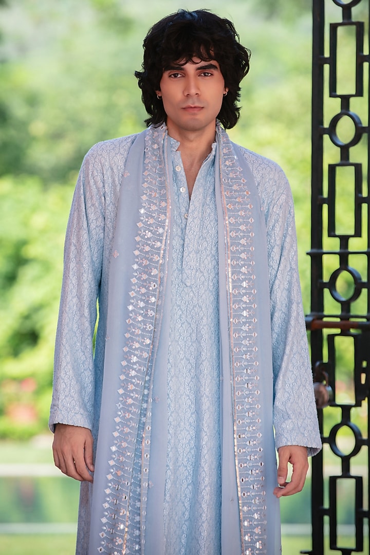 Light Blue Chikankari Kurta Set by Bohame Men at Pernia's Pop Up Shop