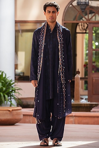 Navy Blue Chikankari Kurta Set by Bohame Men