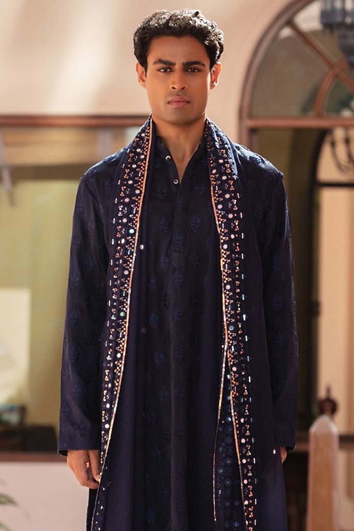 Navy Blue Chikankari Kurta Set by Bohame Men at Pernia's Pop Up Shop