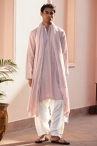 Light Pink Chikankari Kurta Set by Bohame Men