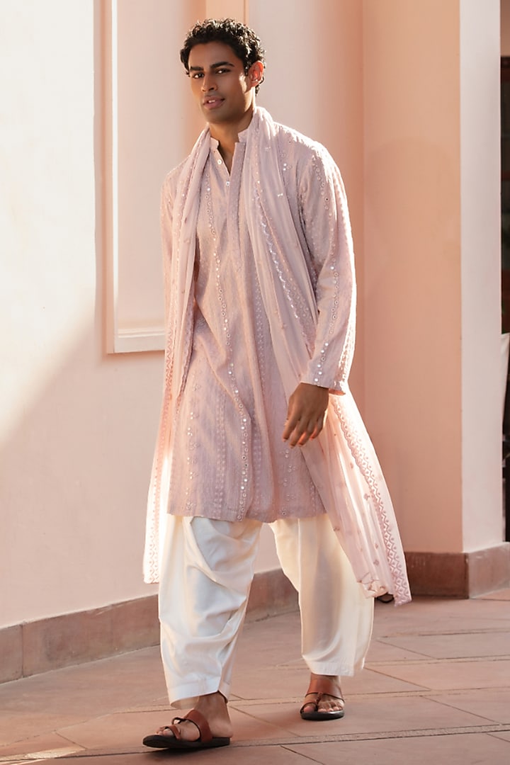 Light Pink Chikankari Kurta Set by Bohame Men at Pernia's Pop Up Shop