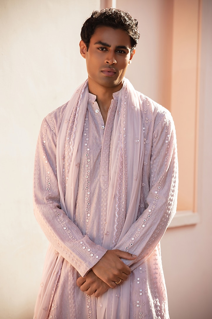 Light Pink Chikankari Kurta Set by Bohame Men at Pernia's Pop Up Shop