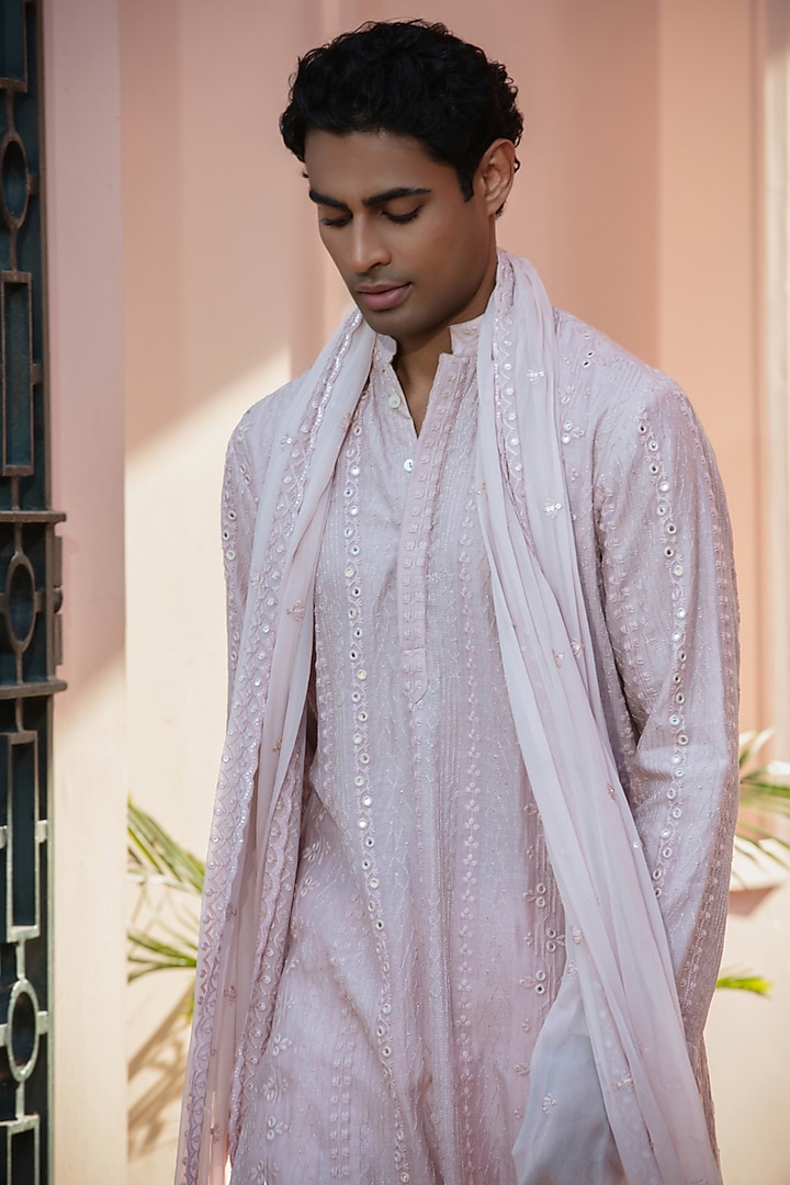 Light Pink Chikankari Kurta Set by Bohame Men at Pernia's Pop Up Shop