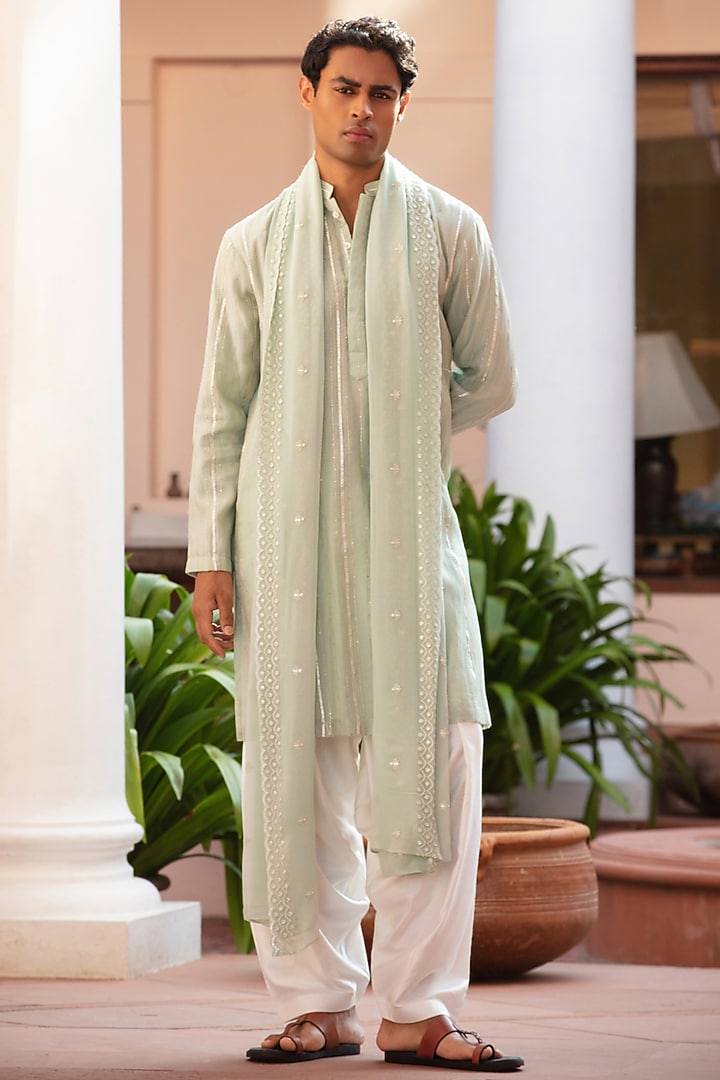 Sage Green Chikankari Kurta Set by Bohame Men at Pernia's Pop Up Shop
