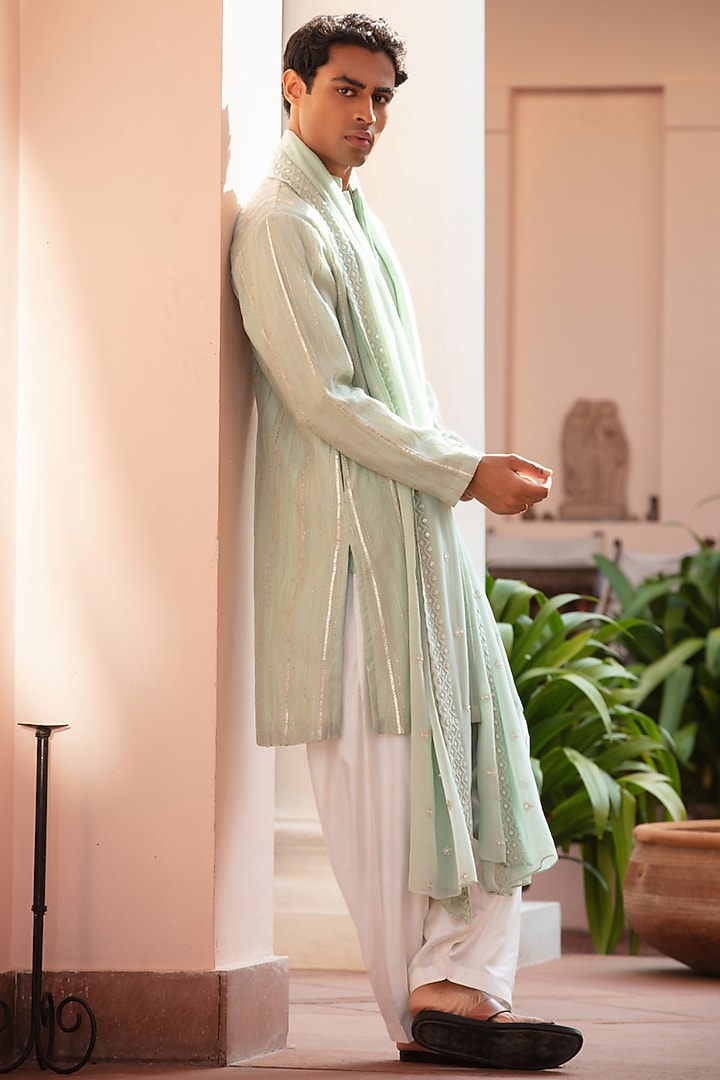 Sage Green Chikankari Kurta Set by Bohame Men at Pernia's Pop Up Shop
