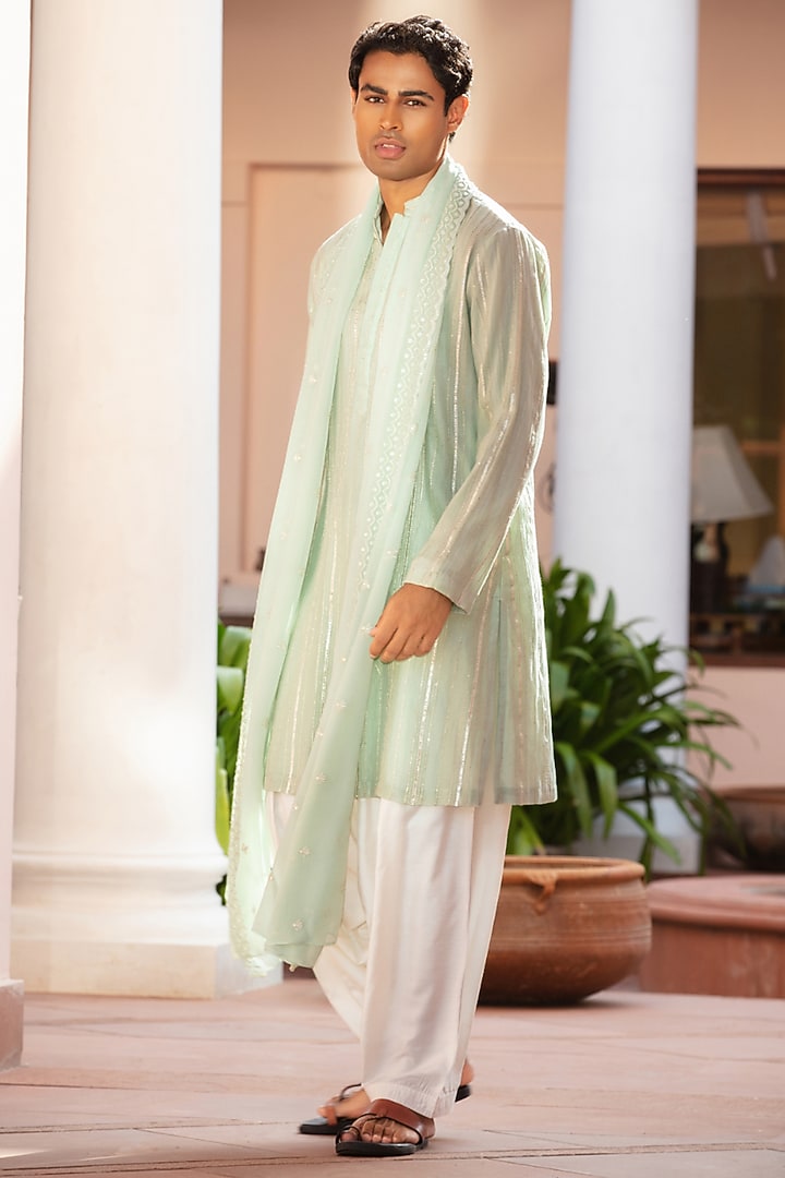 Sage Green Chikankari Kurta Set by Bohame Men at Pernia's Pop Up Shop