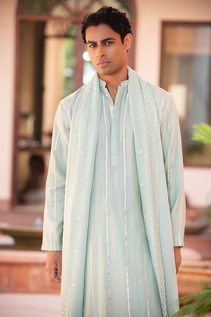 Sage Green Chikankari Kurta Set by Bohame Men at Pernia's Pop Up Shop