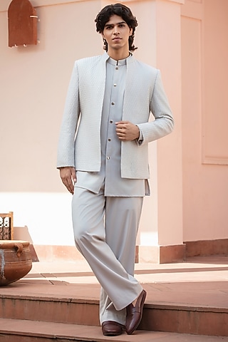 Grey Chikankari Indowestern Jacket Set by Bohame Men