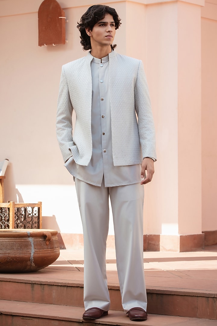 Grey Chikankari Wedding Indowestern Jacket Set by Bohame Men at Pernia's Pop Up Shop