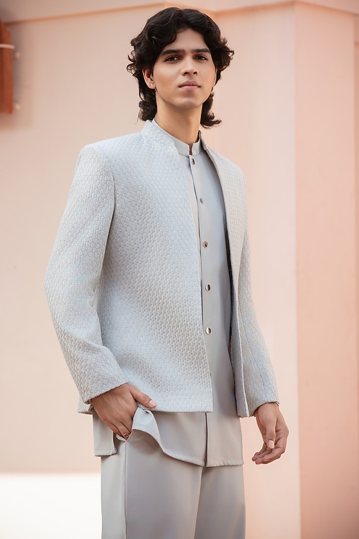 Grey Chikankari Wedding Indowestern Jacket Set by Bohame Men at Pernia's Pop Up Shop