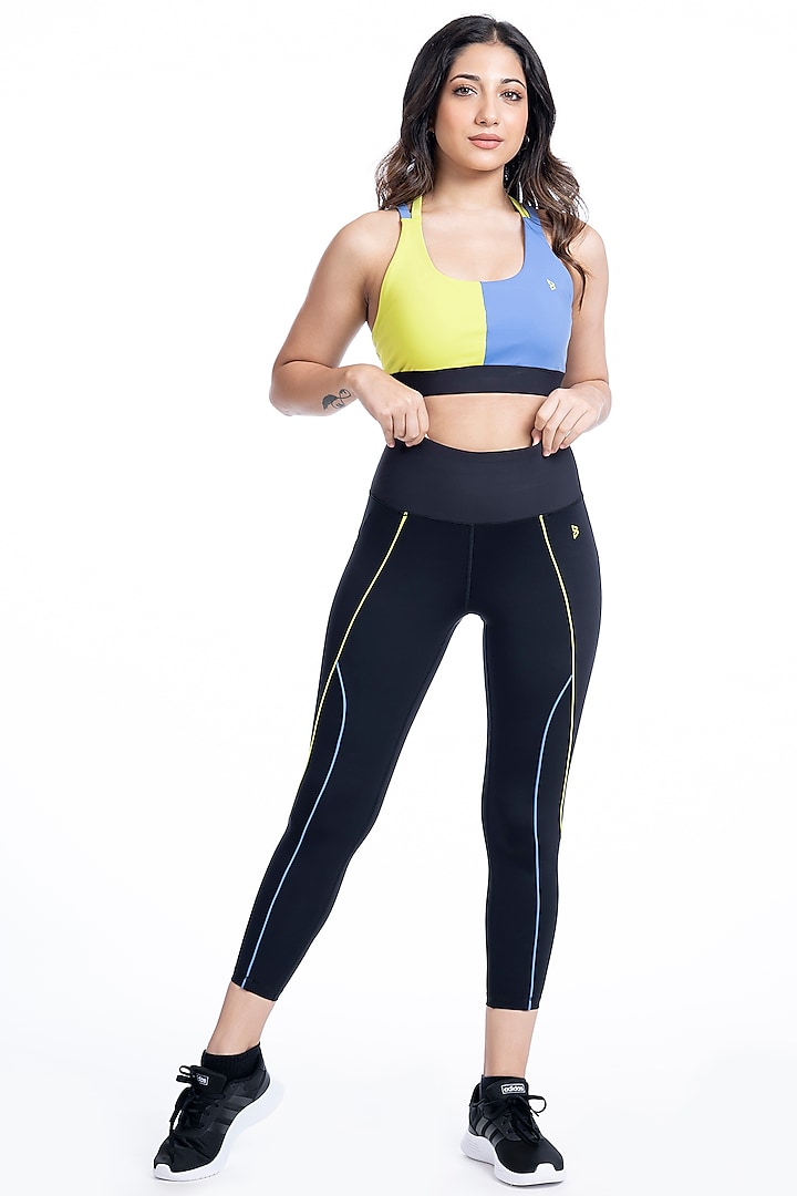 Neon Yellow & Cornflower Blue Color Blocked Padded Sports Bra by BODD ACTIVE