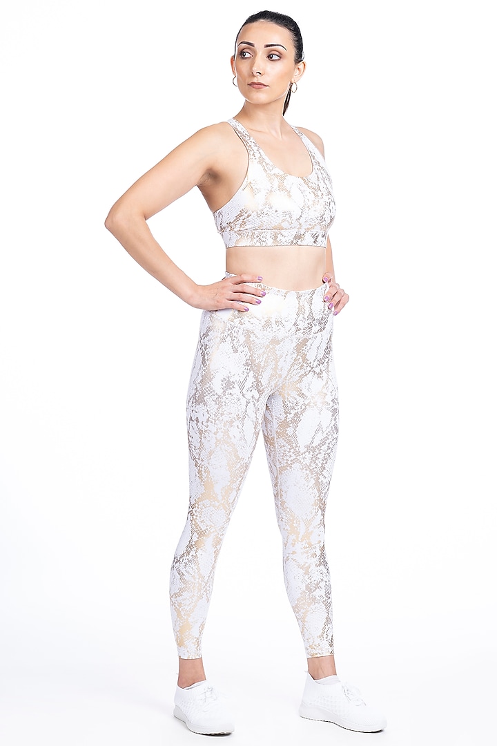 White & Gold Printed High-Waisted Leggings by BODD ACTIVE