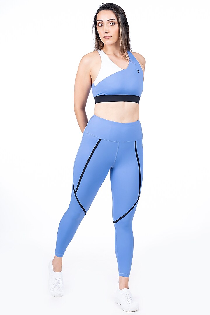 Vista Blue Blue & White Color Blocked Padded Sports Bra by BODD ACTIVE