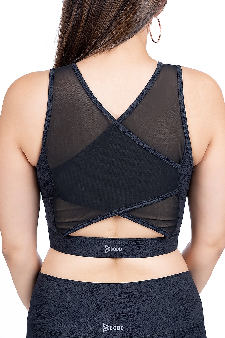 Black Printed Overlapped Crop Top by BODD ACTIVE at Pernia's Pop Up Shop