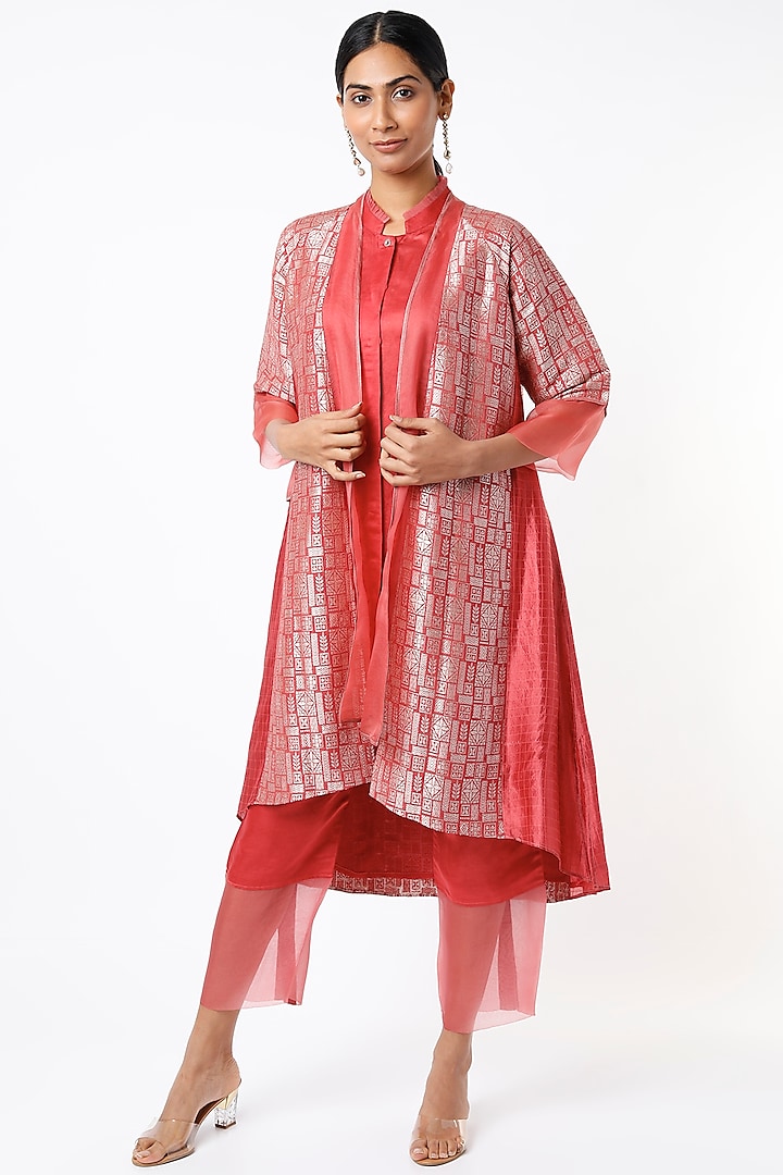 Red & Pink Color Blocked A-Line Jacket Set by BODHI TREE BY DEEPIKA AND NEHA